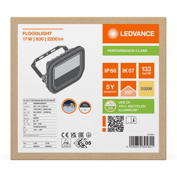 Proyector LED para Exterior Blanco 17W con Membrana de Disipación - FL 20 P 2K4LM IP66 2.400Lm Gen4 3000K