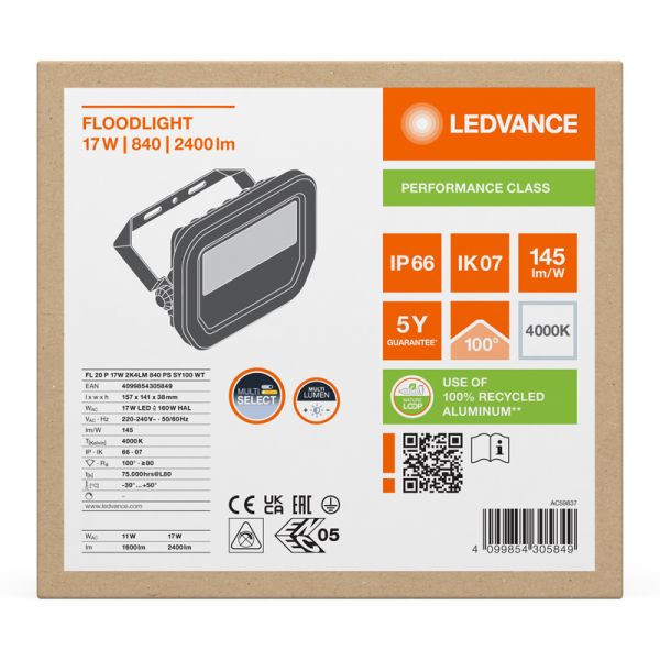 Holofote LED branco para exterior de 17 W com membrana de dissipação de calor - FL 20 P 2K4LM IP66 2.400 Lm Gen4 4000 K