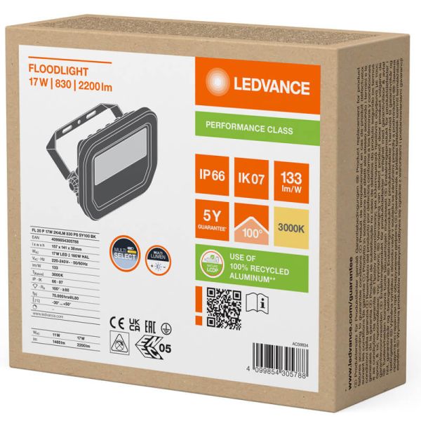 Proyector LED para Exterior Negro 17W con Membrana de Disipación - FL 20 P 2K4LM IP66 2.400Lm Gen4 830