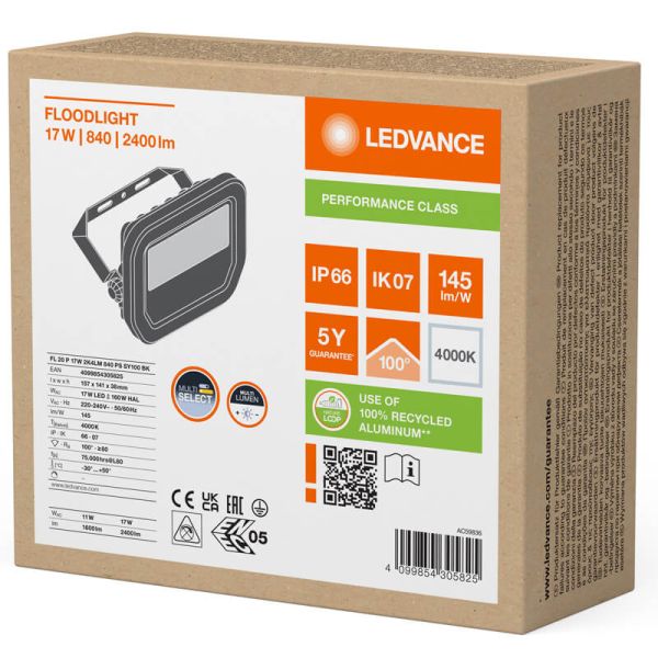 Proyector LED para Exterior Negro 17W con Membrana de Disipación - FL 20 P 2K4LM IP66 2.400Lm Gen4 840