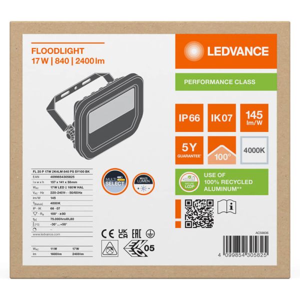 Proyector LED para Exterior Negro 17W con Membrana de Disipación - FL 20 P 2K4LM IP66 2.400Lm Gen4 840