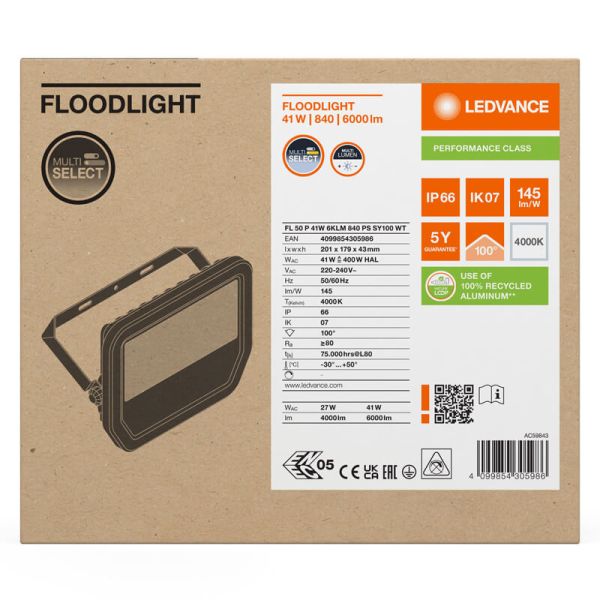 Coffret et Projecteur LED Extérieur Blanc 41W 6000Lm IP66 Multi Lumen - Ledvance 840 | LeonLeds