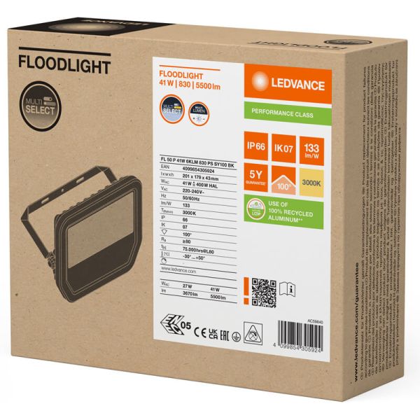 Boîtier et projecteur LED d'extérieur noir IP66 41W 6000Lm - Performance IK07 durable et efficace FL 50 P 41W 6KLM 830