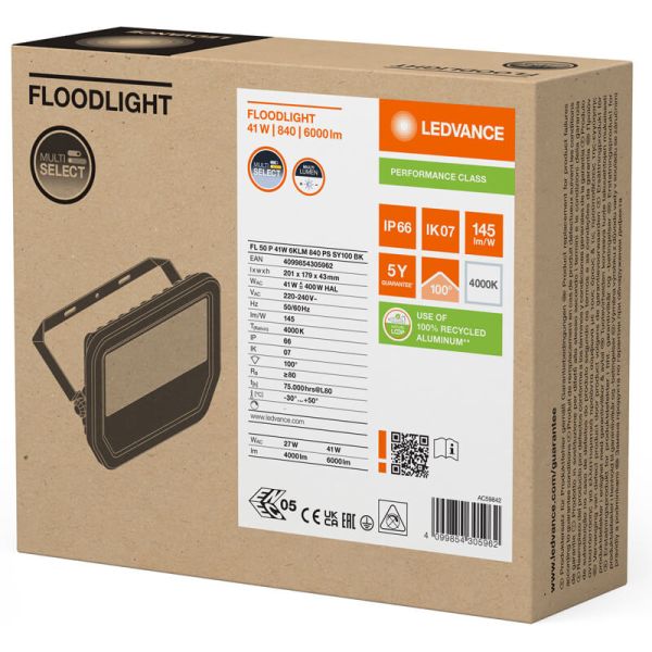 Caixa de holofote LED preta para exterior 41W 6000Lm IP66 - Durável e eficiente IK07 Performance FL 50 P 41W 6KLM 840