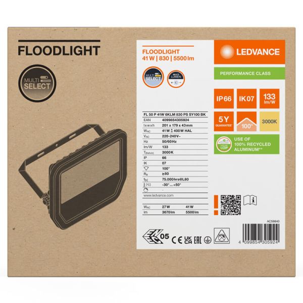 Projecteur LED d'extérieur noir 41W 6000Lm IP66 - Durable et efficace Performance IK07 FL 50 P 41W 6KLM