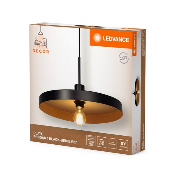 Lámpara colgante minimalista y sostenible de acero PLATE PENDANT, negro/beige E27