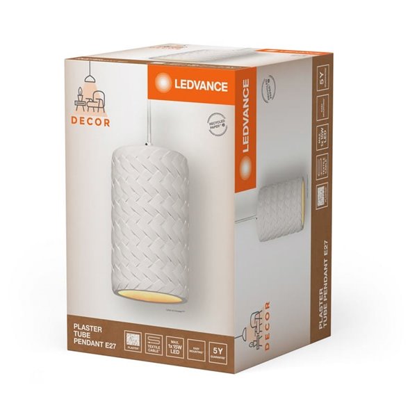 PLASTER TUBE PENDANT Luminária pendente cilíndrica de gesso branco, E27