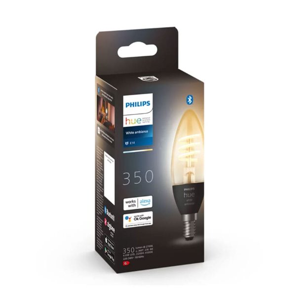 Lâmpada de vela LED inteligente E14, lâmpada de filamento HueWA vintage, 4,6 W 350Lm, luz branca quente a fria