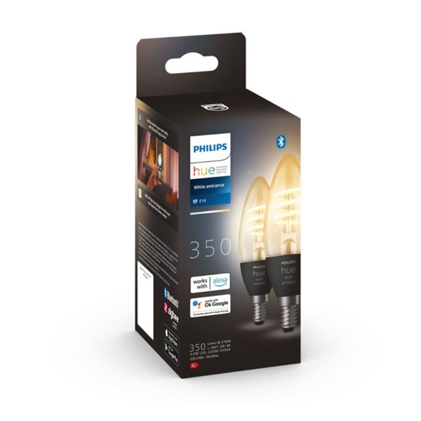 Pack de 2 Bombillas LED inteligentes E14 de vela , vintage de filamento, HueWA,4.6W 350Lm, De luz blanca cálida a fría
