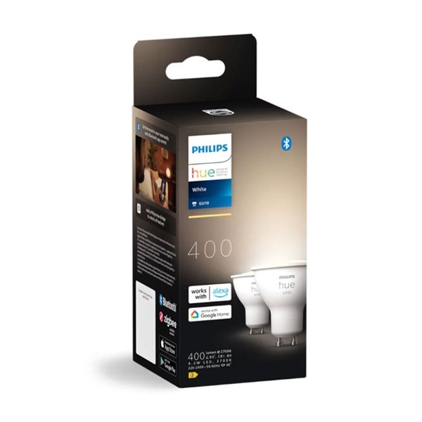 Pack de 2 Bombillas GU10 inteligente LED HueW WHITE, 4.2W 400Lm 2700K