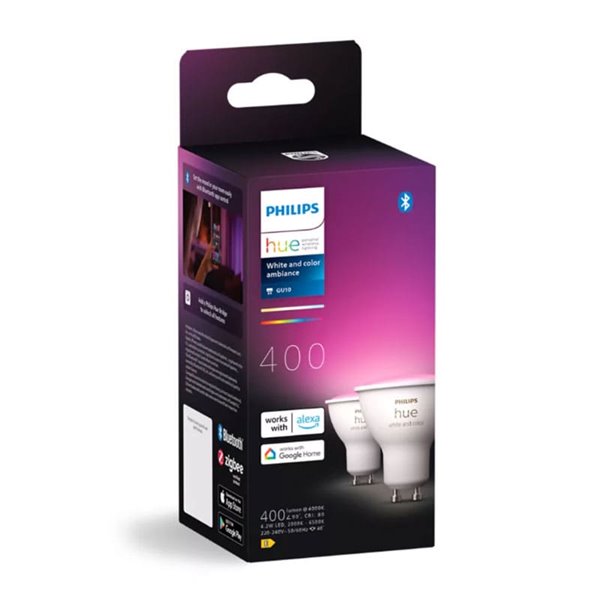 Pack de 2 Bombilla inteligente GU10 WHITE AND COLOR HueWCA, 4.2W 400Lm, 2000K-6500K