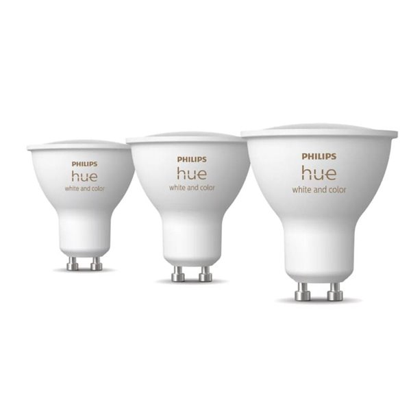 Pack de 3 Bombilla inteligente GU10 WHITE AND COLOR HueWCA, 4.2W 400Lm, 2000K-6500K
