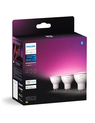 Pack de 3 Bombilla inteligente GU10 WHITE AND COLOR HueWCA, 4.2W 400Lm, 2000K-6500K
