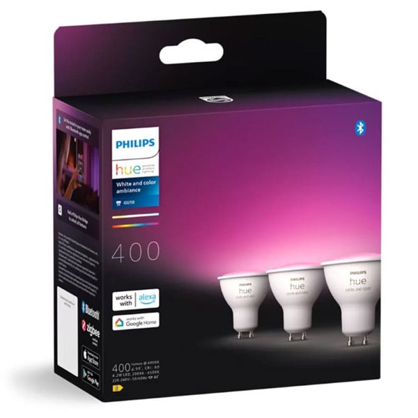 Pack de 3 Bombilla inteligente GU10 WHITE AND COLOR HueWCA, 4.2W 400Lm, 2000K-6500K