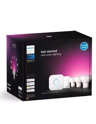 Kit de inicio 3 bombillas inteligentes GU10 White and color ambiance + Hue Bridge, 4.2W 400Lm
