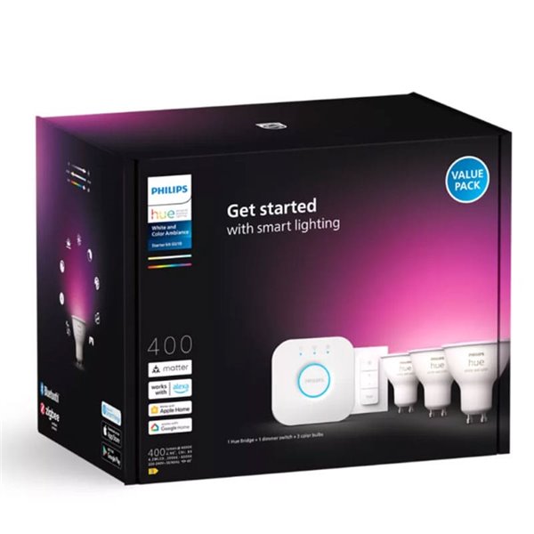 Kit inicial 3 lâmpadas inteligentes GU10 Ambiente branco e colorido + Hue Bridge, 4,2W 400Lm
