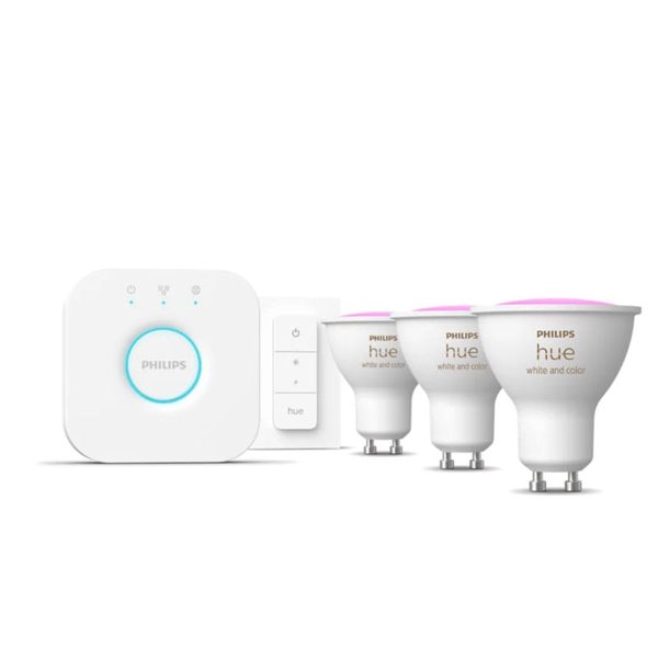 Kit inicial 3 lâmpadas inteligentes GU10 Ambiente branco e colorido + Hue Bridge, 4,2W 400Lm
