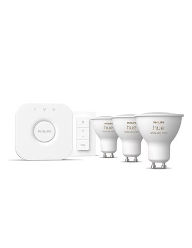 Kit de démarrage 3 ampoules intelligentes GU10 Ambiance blanche et couleur + Hue Bridge, 4,2W 400Lm