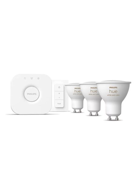 Kit de inicio 3 bombillas inteligentes GU10 White and color ambiance + Hue Bridge, 4.2W 400Lm