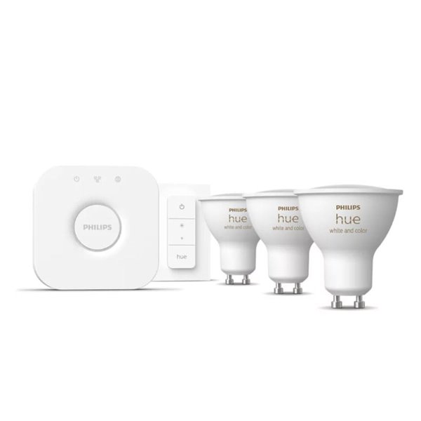 Kit inicial 3 lâmpadas inteligentes GU10 Ambiente branco e colorido + Hue Bridge, 4,2W 400Lm