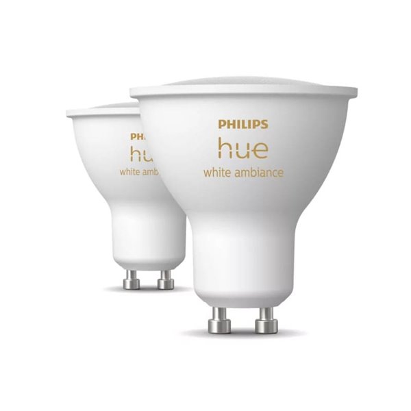 Pack de 2 Bombillas inteligentes LED GU10 White ambiance HueWA, 4.2W 400Lm, Luz blanca de cálida a fría