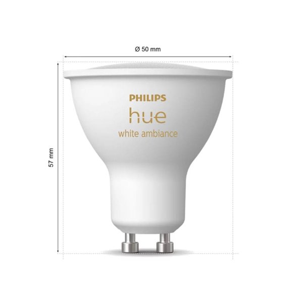 Pack de 2 Bombillas inteligentes LED GU10 White ambiance HueWA, 4.2W 400Lm, Luz blanca de cálida a fría
