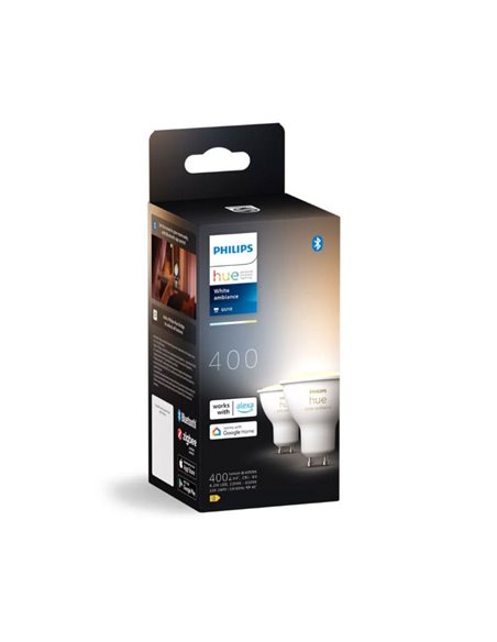 Pack de 2 Bombillas inteligentes LED GU10 White ambiance HueWA, 4.2W 400Lm, Luz blanca de cálida a fría