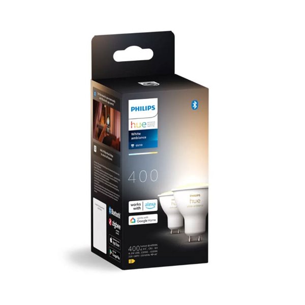Pacote de 2 lâmpadas inteligentes LED HueWA de ambiente branco GU10, 4,2 W 400Lm, luz branca quente a fria