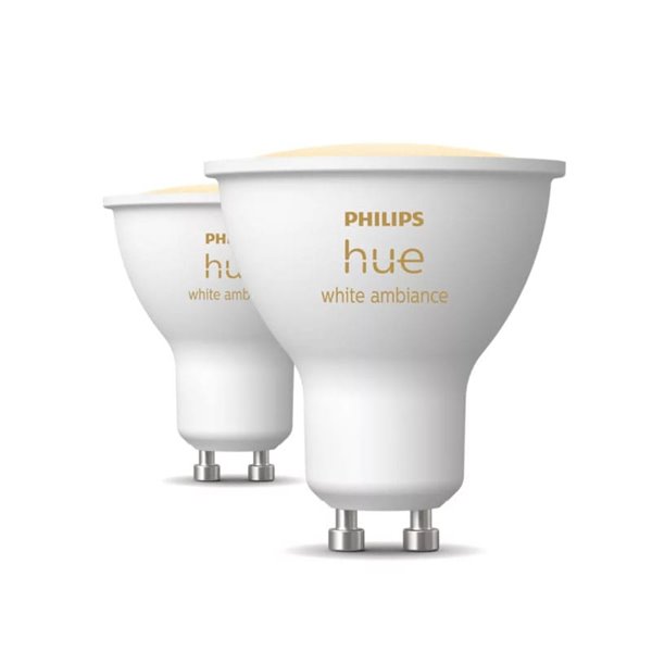 Pacote de 2 lâmpadas inteligentes LED HueWA de ambiente branco GU10, 4,2 W 400Lm, luz branca quente a fria