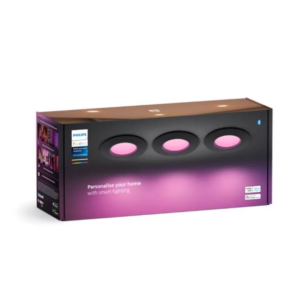 Pack de 3 Downlight empotrable inteligente LED Hue WACA Slim, negro 90mm, regulable, 8,3W 1000Lm, 2000 - 6500 Hue White Color Am