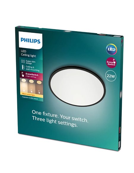 Plafón de techo redondo regulable 22W SUPERSLIM, negro, 2700K SceneSwitch
