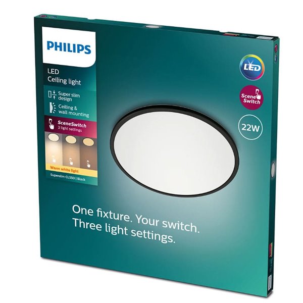 Plafonnier rond orientable SUPERSLIM 22W, noir, 2700K SceneSwitch