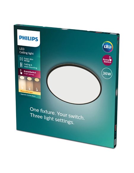 Plafonnier rond orientable SUPERSLIM 36W, noir, 2700K SceneSwitch