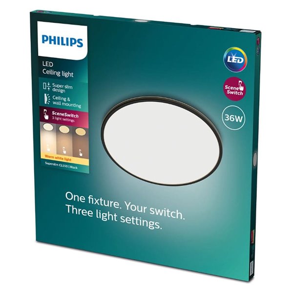 Plafon redondo ajustável SUPERSLIM 36W, preto, 2700K SceneSwitch
