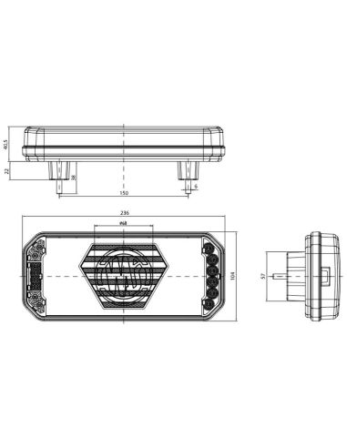Dimensions Feu arrière Néon LED W279 DD Eco 7 Fonctions avec éclairage latéral de plaque 12V 24V S1, F1, AR, R1, 2aD, L, IA Was