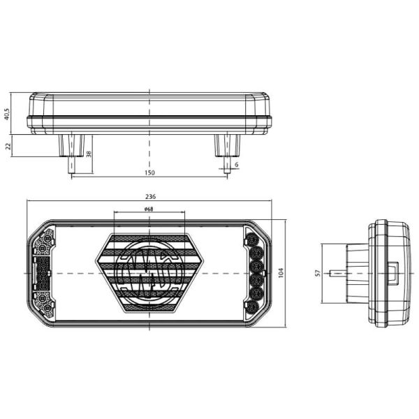 Dimensiones Piloto Trasero LED Neon W279 DD Eco 7 Funciones con luz de matrícula lateral 12V 24V S1, F1, AR, R1, 2aD, L , IA Was