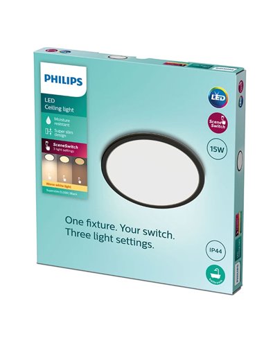 Plafón de Techo SUPERSLIM 15W, negro 2700K, regulable, estanco al agua