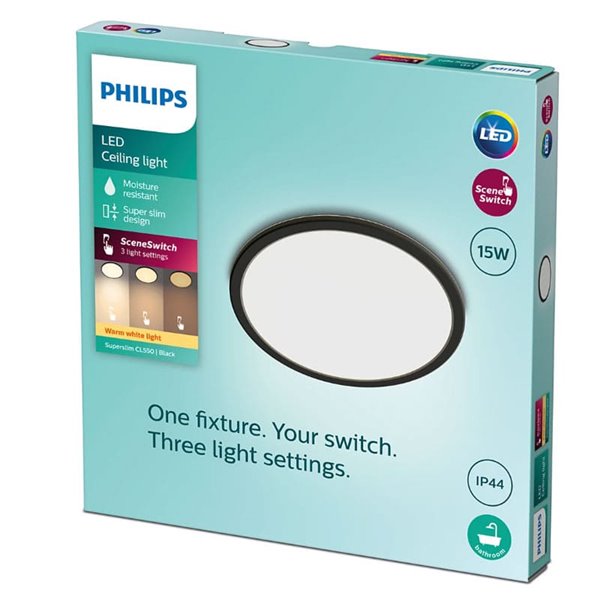 Plafón de Techo SUPERSLIM 15W, negro 2700K 1300Lm, regulable, estanco al agua