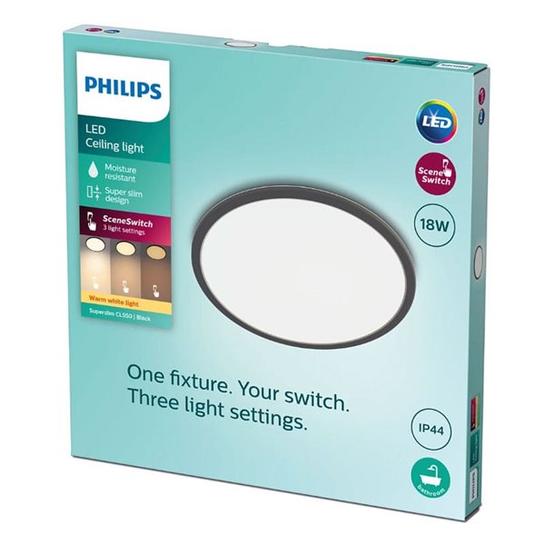 Plafón de Techo SUPERSLIM 18W, negro 2700K 1500Lm, regulable estanco al agua