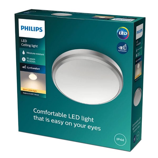 Plafón de Techo BALANCE 6W, níquel, 2700K, 600Lm, IP44 estanco al agua Ø22cm