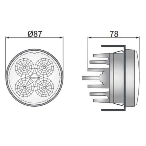 Medidas Faro LED de trabajo redondo para Fendt 2000Lm 21W 58º con conector H9-H11 Wesem CRC6H.58401