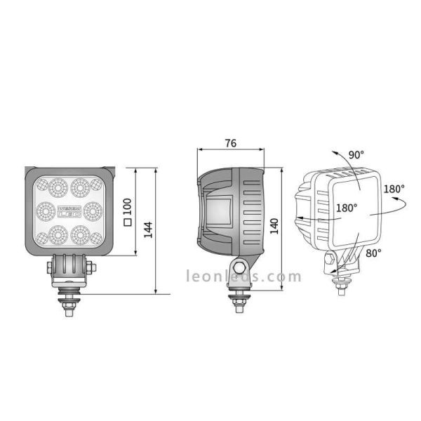 Lampe de travail LED carrée 30W 3000Lm 50º 12-48V DC avec câble LED9B.53800
