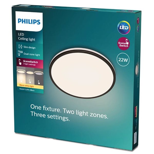 Plafón de Techo OZZIET 22W, Ø40cm, negro, regulable 2700K/4000K