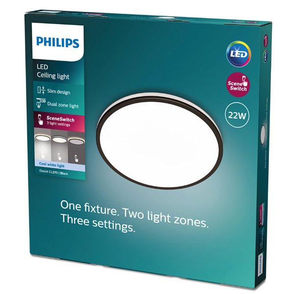 Plafón de Techo OZZIET 22W, Ø40cm, negro, regulable 2700K/4000K