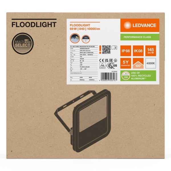 Holofote LED externo Gen4 Black 69W IP66 - Alto desempenho e eficiência 10.000 Lm FL 100 P 10KLM LedVance 4000k