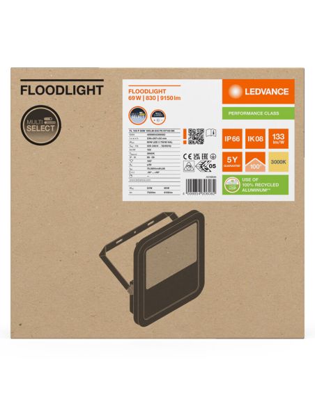 Projecteur LED d'extérieur Gen4 Black 69W IP66 - Haute performance et efficacité 10 000 Lm FL 100 P 10 KLM LedVance 3 000 K