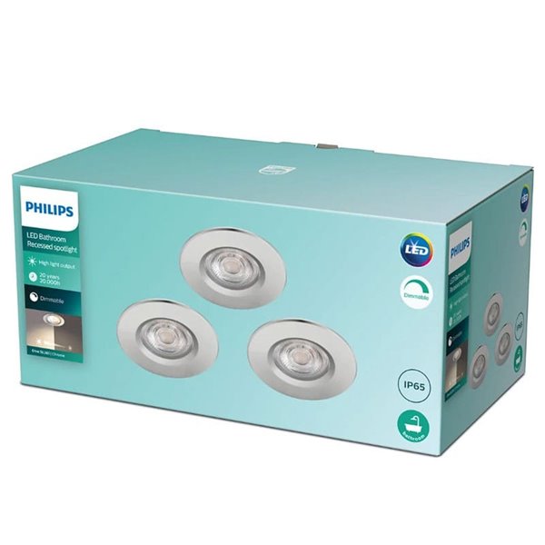 Pacote de 3 holofotes embutidos para banheiro DIVE, 5W reguláveis, cromados, 2700K, à prova d'água