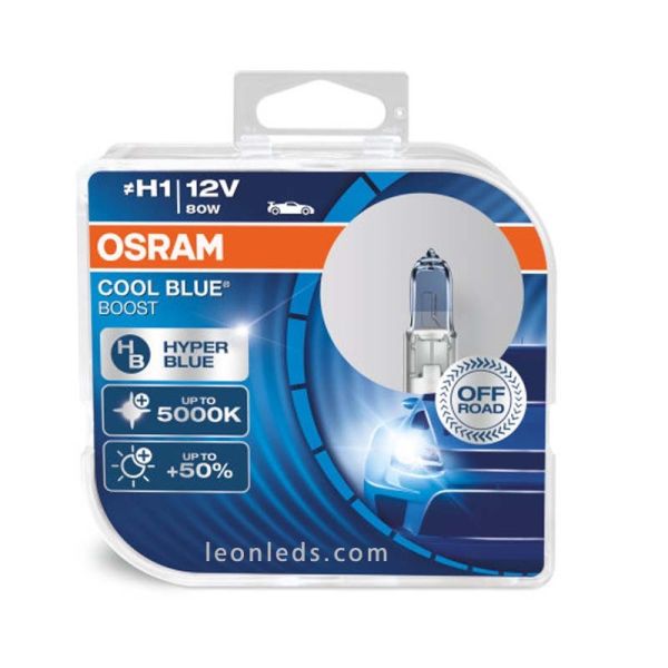 Lâmpadas H1 Cool Blue Boost para veículos 12V +50% luz hiper azul 5000K Osram | LeonLeds Iluminação