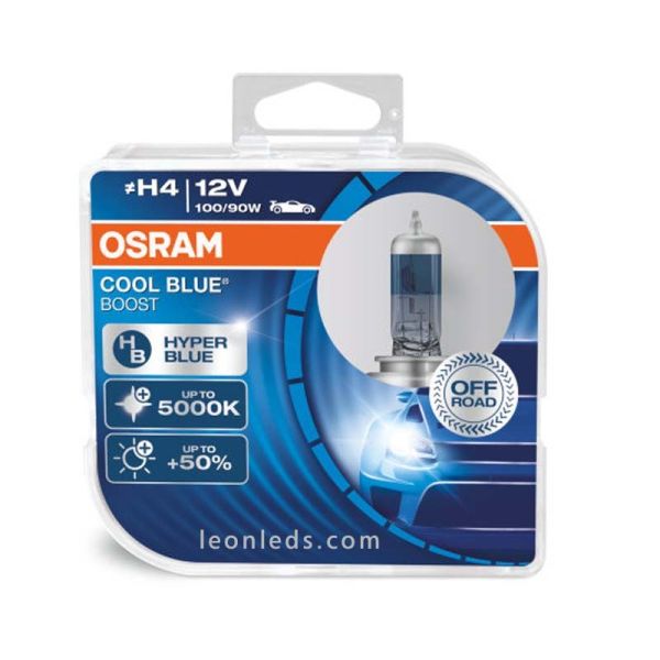 Bombillas H4 Cool Blue Boost para vehículos de 12V +50% de luz hiper azul 5000K Osram | LeonLeds Iluminación