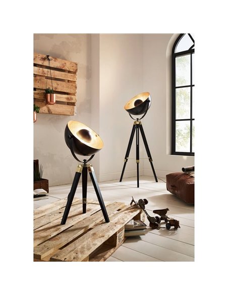 Lampe de table COVALEDA avec 3 pieds en bois noir et abat-jour en métal doré, E27